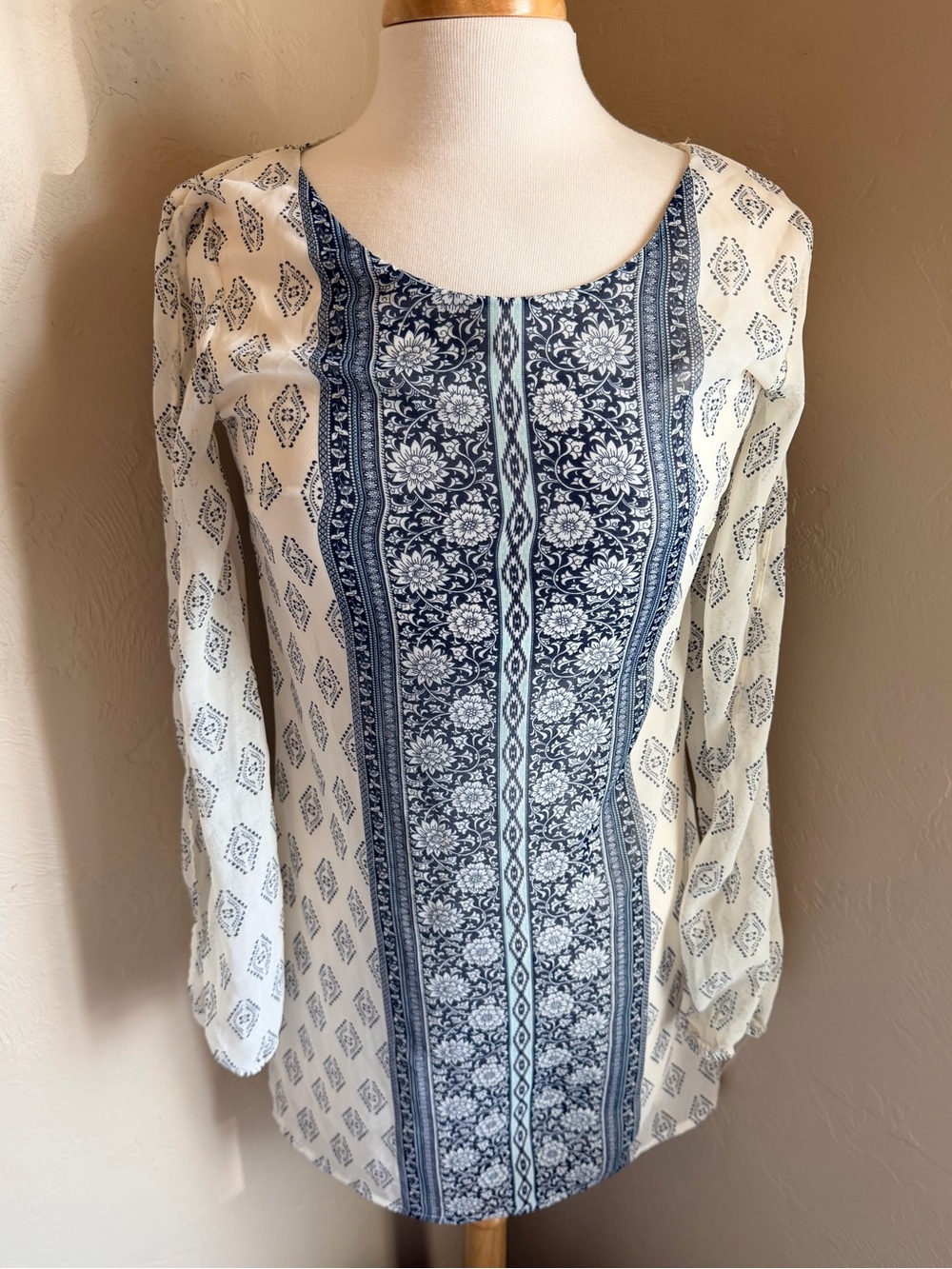 Rewind Navy and Cream Printed Long-Sleeve Tunic